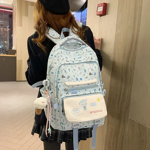 Large Capacity Nylon School Backpack Cartoon Printed Waterproof Casual Travel Bookbag For Women Teens
