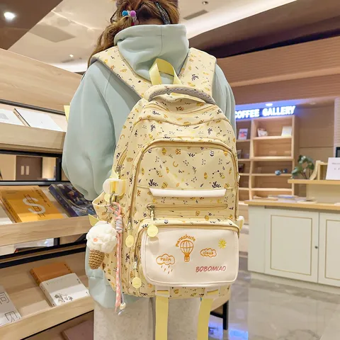Large Capacity Nylon School Backpack Cartoon Printed Waterproof Casual Travel Bookbag For Women Teens