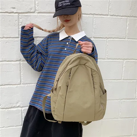 Korean Style Casual Solid Color Lightweight Nylon Backpack Women Student School Bag Waterproof Travel Daypack