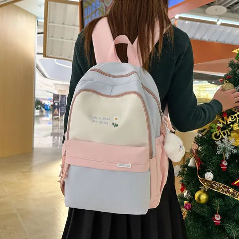 Zaino Scolastico in Nylon di Grande Capacità Per Ragazze Adolescenti Carino Borsa per Studenti Casual Color Block Viaggio Libro Borsa