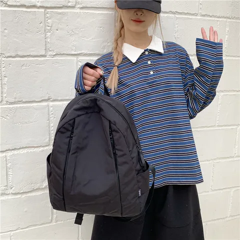 Korean Style Casual Solid Color Lightweight Nylon Backpack Women Student School Bag Waterproof Travel Daypack