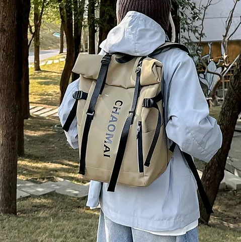 Large Capacity Casual Waterproof Backpack Roll Top Travel School Bookbag Unisex Fashion Oxford Fabric Laptop Daypack