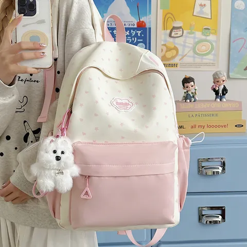 Japanese Sweet Style Cute Student Backpack Nylon Star Heart Print Casual Travel Lightweight School Bookbag For Girls