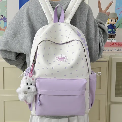 Japanese Sweet Style Cute Student Backpack Nylon Star Heart Print Casual Travel Lightweight School Bookbag For Girls