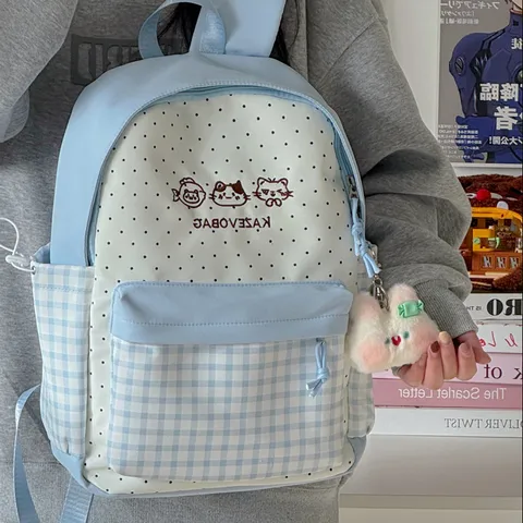 Japanese Style Cute Plaid Polka Dot Student Backpack Casual Nylon School Bag Cartoon Printed Bookbag For Girls