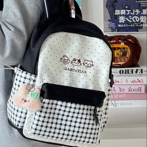 Japanese Style Cute Plaid Polka Dot Student Backpack Casual Nylon School Bag Cartoon Printed Bookbag For Girls