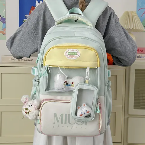 Japanese Style Cute Girl Nylon Backpack Student College Waterproof Large Capacity Travel School Bag With Clear Pocket
