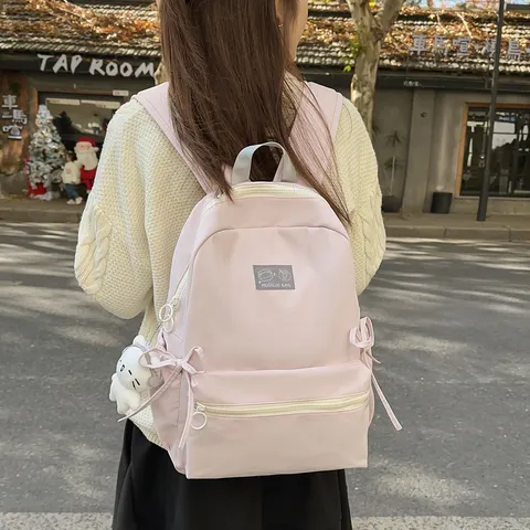 Large Capacity Minimalist Nylon School Backpack For Students Casual Bookbag Travel Daypack With Cute Pendant