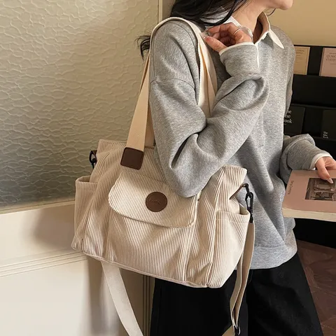 Casual Retro Corduroy Tote Bag For Women Large Capacity Commuting Single Shoulder Crossbody Bag Fashion Handbag