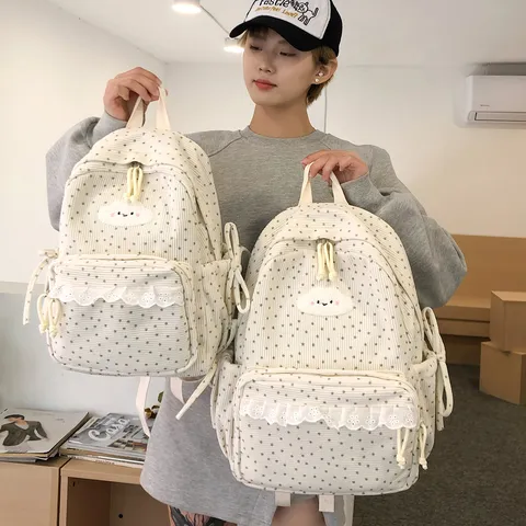 Japanese Sweet Corduroy School Backpack For Teenage Girls Polka Dot Star Embroidery Casual Daypack Travel Bookbag