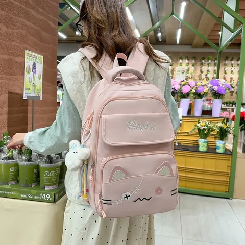 Preppy Style Cute Cat Embroidery Nylon Casual School Backpack Women Travel Bookbag Student Daypack