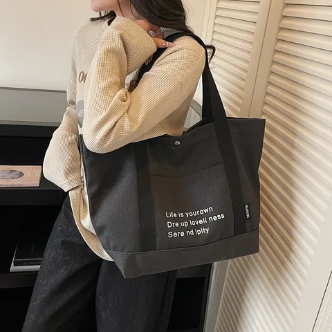 Korean Style Canvas Tote Bag Large Capacity Casual Shoulder Handbag With Zipper Pocket For College Student Commuter Daily