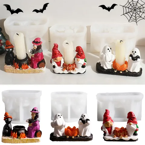 Halloween Silicone Mold Ghost Pumpkin Witch Gnome Candle Holder DIY Plaster Resin Casting Spooky Gothic Holiday Decor