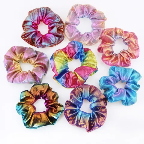 Sweet Fabric Laser Metallic Gradient Rainbow Scrunchies Shiny Gold Stamping High Elasticity Large Hair Ties For Women Kids Everyday Party Hair Accessories
