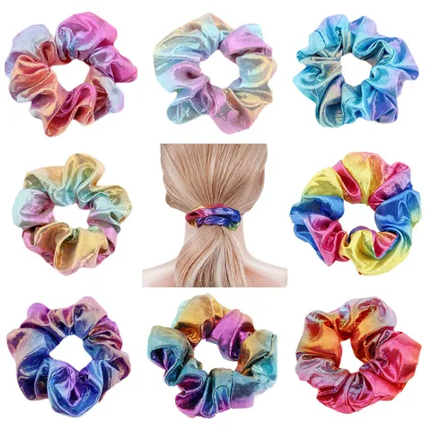 Sweet Fabric Laser Metallic Gradient Rainbow Scrunchies Shiny Gold Stamping High Elasticity Large Hair Ties For Women Kids Everyday Party Hair Accessories