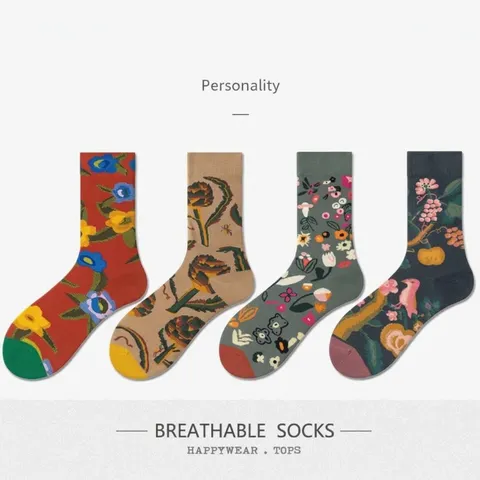 Vintage Floral Crew Socks Women Men Cotton Blend Retro Botanical Print Fashion Mid-Calf Socks Art Oil Painting Style Breathable Streetwear