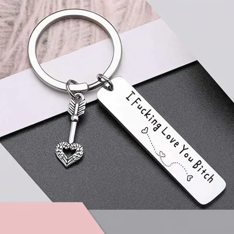 Fashion Stainless Steel Engraved Bar Keychain With Arrow Angel Wings Heart Pendant Funny Novelty Metal Key Ring Gift For Couples Friends