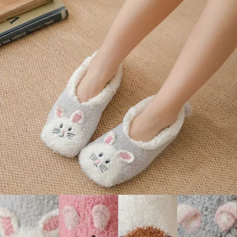 Chaussettes de Sol Chaudes d'Hiver en Mélange de Coton pour Femmes Doublées de Polaire Épaissies Antidérapantes Chaussettes de Maison Brodés