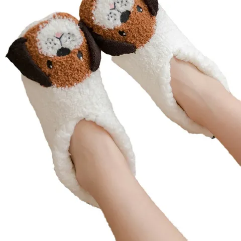 Damen Winter Warm Baumwollmischung Bodensocken Fleece Gefüttert Verdickt Rutschfeste Haussocken Cartoon Tier Bestickt Hausschuhe Socken