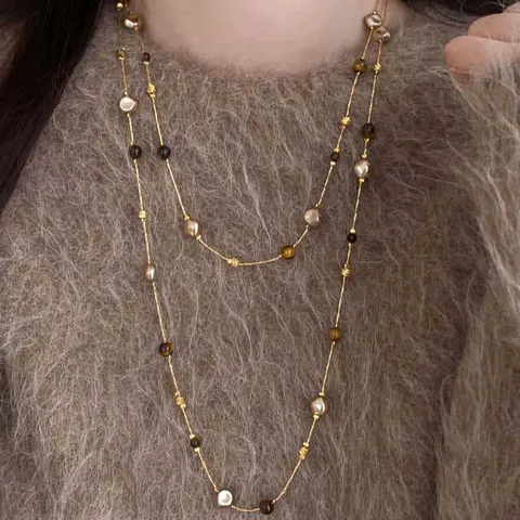 Μακρύ Κολιέ Maillard Tiger Eye Stone Τεχνητό Μαργαριτάρι Διπλής Στρώσης Αλυσίδα Πουλόβερ από Κράμα Γυναικεία Κοσμήματα