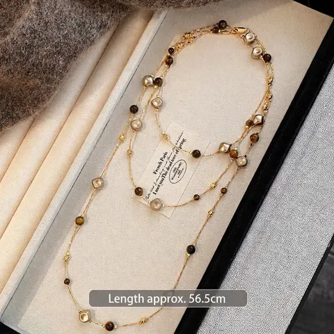 Μακρύ Κολιέ Maillard Tiger Eye Stone Τεχνητό Μαργαριτάρι Διπλής Στρώσης Αλυσίδα Πουλόβερ από Κράμα Γυναικεία Κοσμήματα