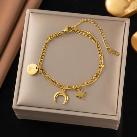 Roestvrij Staal Goud Meerlagige Ster Maan Hanger Ketting Armband Set Mode Hemelse Sieraden Voor Unisex