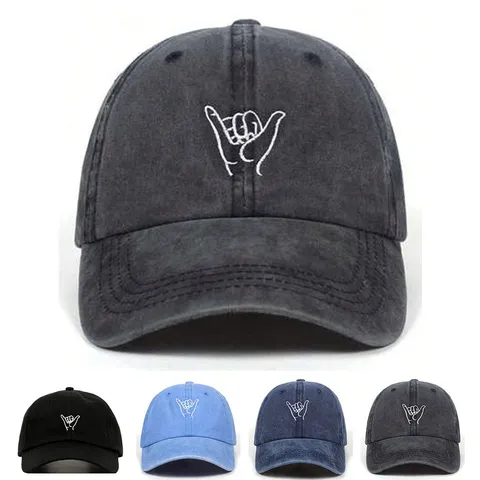 Unisex Embroidered Gesture Washed Cotton Baseball Cap Outdoor Sports Sun Hat Adjustable Fashion Trucker Hat