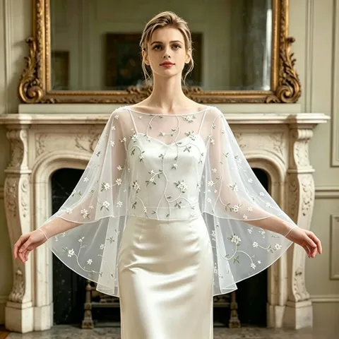 Women's Lightweight Tulle Mesh Shawl Cape Elegant Floral Embroidery Evening Party Dress Scarf Wrap Capelet