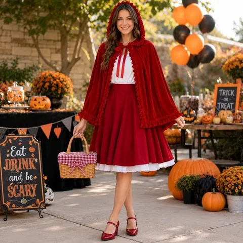 Red Velvet Hooded Cloak Shawl Ruffled Trim Christmas Halloween Cosplay Costume Cape For Women Party Festival Apparel