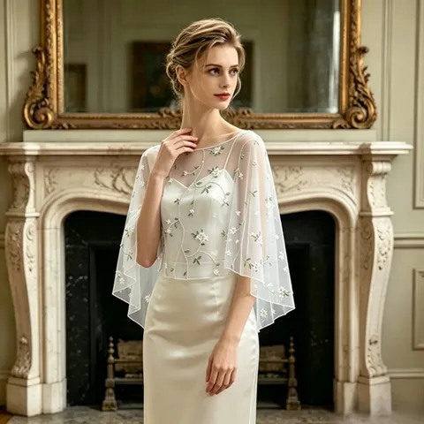 Women's Lightweight Tulle Mesh Shawl Cape Elegant Floral Embroidery Evening Party Dress Scarf Wrap Capelet