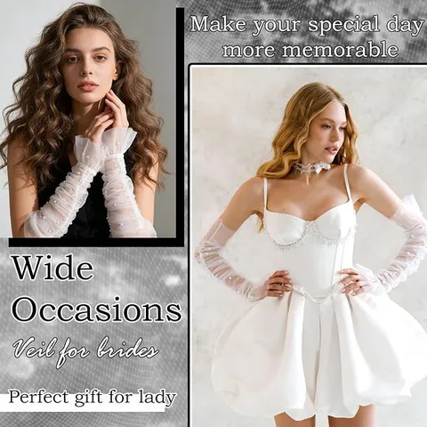 Women Bridal Mesh Sleeves Sheer Long Arm Cover Polyester Mesh Pearl Decorated Wedding Party Accessories