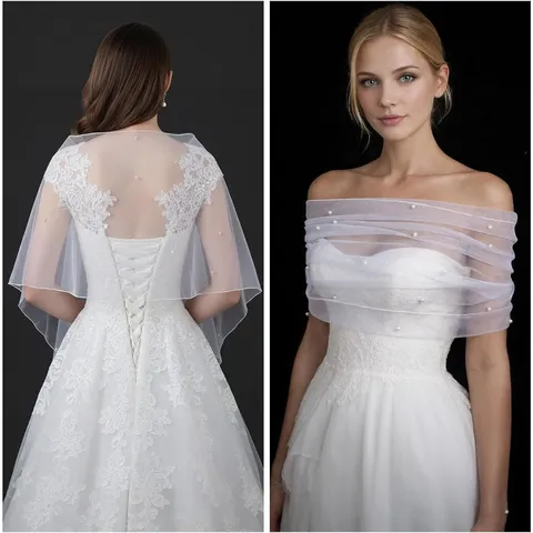 Women Bridal Shawl Off Shoulder Beaded Cape Wedding Veil Polyester Elegant Arm Covering Wrap Capelet