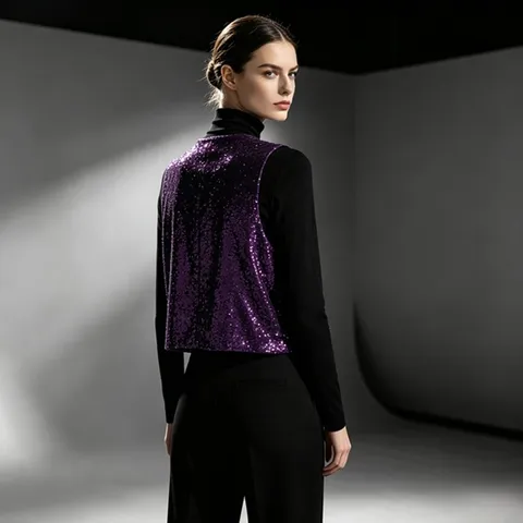 Women Sequin Velvet Vest V-Neck Sleeveless Open Front Cardigan Top Casual Commute Party Fashion Outerwear