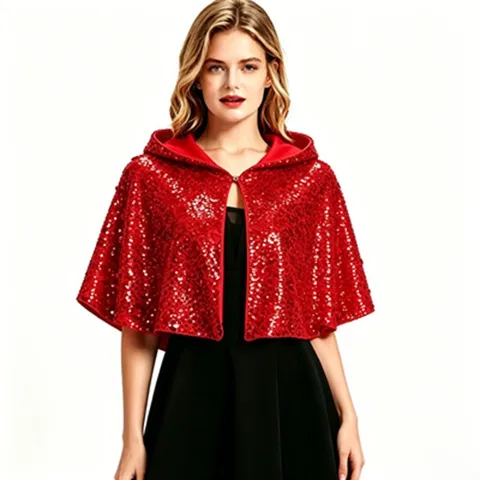 Cape à Capuche à Paillettes pour Femme Courte Double Couche Costume de Cosplay de Sorcière Châle Party Gothique Anime
