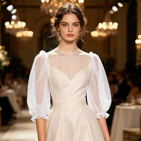 Women French Style Detachable Mesh False Sleeves Sheer Puff Lantern Sleeve Pearl Decorated Wedding Arm Sleeves