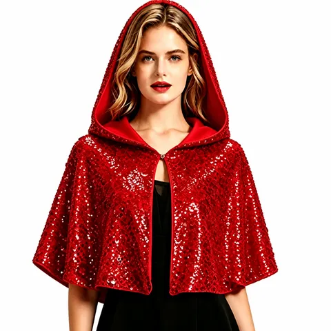 Cape à Capuche à Paillettes pour Femme Courte Double Couche Costume de Cosplay de Sorcière Châle Party Gothique Anime