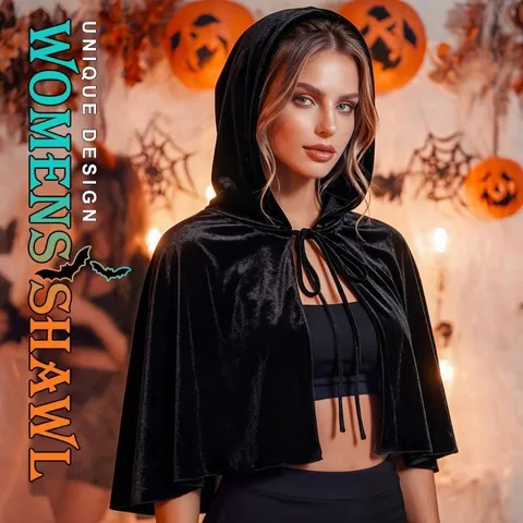 Medieval Retro Velvet Hooded Shawl Cloak Short Tie-up Cape For Halloween Carnival Night Wizard Vampire Cosplay Costume Accessory