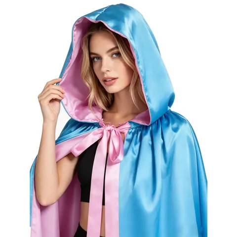 Reversible Hooded Cloak Double Layer Satin Cape For Halloween Cosplay Costume Unisex Pink Blue Long Party Robe Dress Accessory