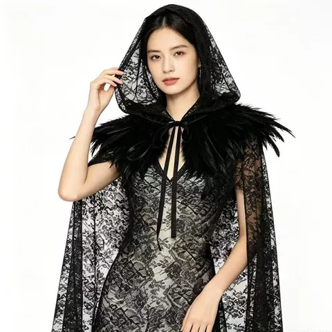 Dark Lace Hooded Cape With Feather Trim Halloween Witch Cosplay Party Cloak Women Long Shawl