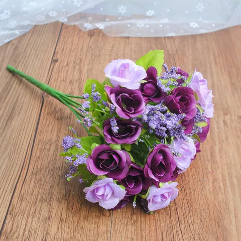 Artificial Silk Rose Flower Bouquet Small Bud Fake Floral Home Wedding Party Decoration Table Centerpiece Photography Prop