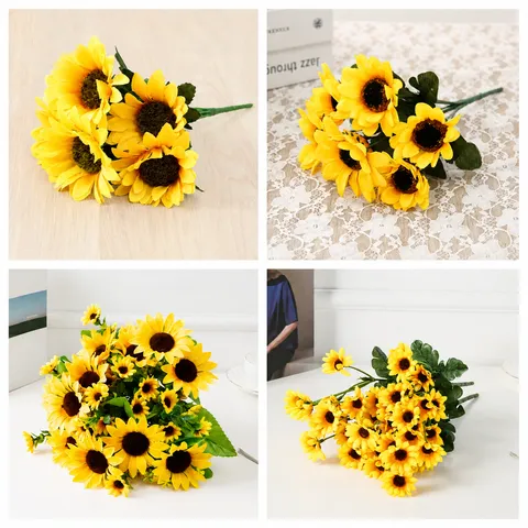 Bouquet de Tournesols Artificiels Européen Tissu en Soie Arrangement Floral Vase de Salon Ornement Vente Chaude Printemps