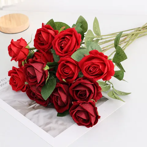 Tige Unique Rose Artificielle en Velours Fleur de Soie Florale Réaliste Pour Maison Mariage Fête Saint Valentin Décor