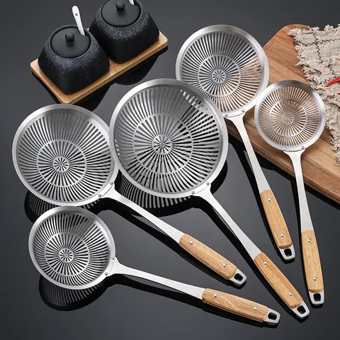 Roestvrijstalen Zeef Met Houten Handvat Keuken Vergiet Schuimspaan Voor Noedels Frituren Hete Pan Kookgereedschap