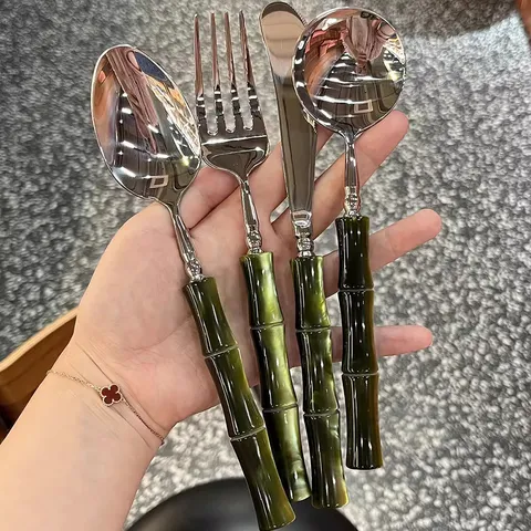 Stainless Steel Steak Knife Fork Spoon Set Luxury Bamboo Shape Handle Western Tableware Kitchen Dinnerware