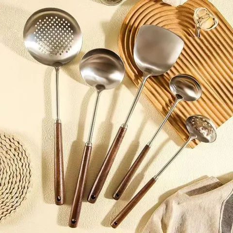 Stainless Steel Cooking Utensils Set Walnut Wood Handle Spatula Soup Spoon Colander Kitchen Cookware Tool