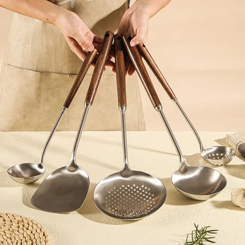Stainless Steel Cooking Utensils Set Walnut Wood Handle Spatula Soup Spoon Colander Kitchen Cookware Tool