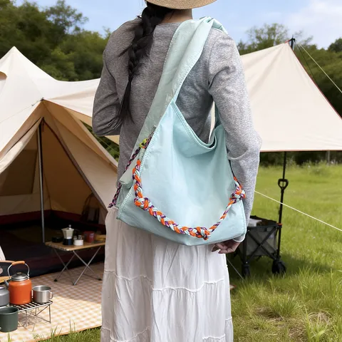 Nylon Large Capacity Commuting Tote Bag Women Solid Color Soft Hobo Shoulder Bag With Colorful Woven Strap