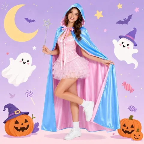 Halloween Cosplay Hooded Cloak Double Sided Satin Princess Fairy Cape Costume For Women Party Holiday Apparel