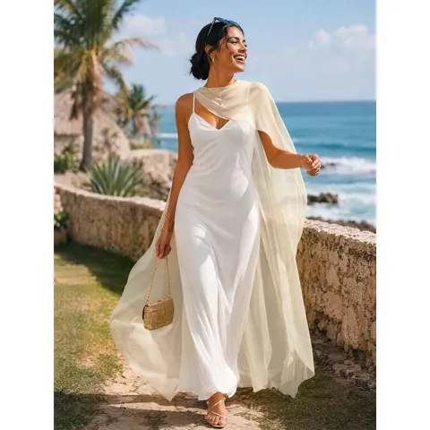 Women Elegant Chiffon Cape Evening Dress Long Maxi Gown Floor Length Party Prom Dress Sheer Cloak Outfits