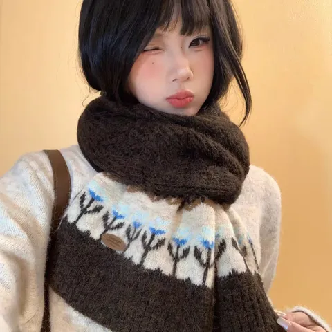 Sciarpa Invernale Calda Misto Lana Per Donna Jacquard Fair Isle Lavorata a Maglia Spessa Accogliente Accessorio